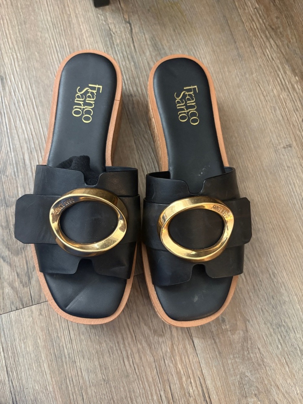 Franco Sarto Black Slide Mules with Gold Oval Hardware
